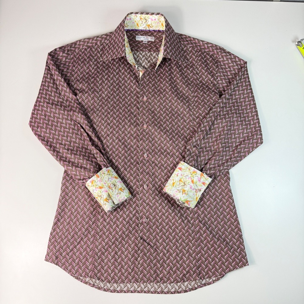 Coton Doux Mens Sz‎ 15.5 Shirt Brown Geometric Floral Contrast Luxury Button Up